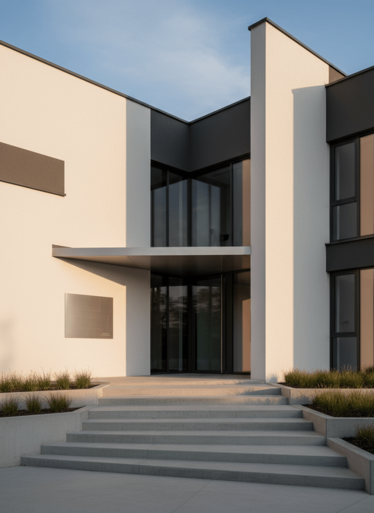 An elegant exterior view of a mid-sized architecture firm headquarters, a rectilinear building with white plaster volumes, charcoal fiber-cement cladding, and generous floor-to-ceiling glass. The entrance canopy is a thin steel plate, precisely detailed, hovering above a broad concrete stair. Discreet metal signage is suggested as a blank, brushed-steel panel near the door, without readable text. Late afternoon natural light casts long, soft shadows that emphasize the building’s geometry and material junctions. Low planting beds with structured grasses frame the entry. Captured from a slightly low-angle perspective with balanced composition, the image radiates confidence, precision, and contemporary European design sensibility in realistic photographic style.